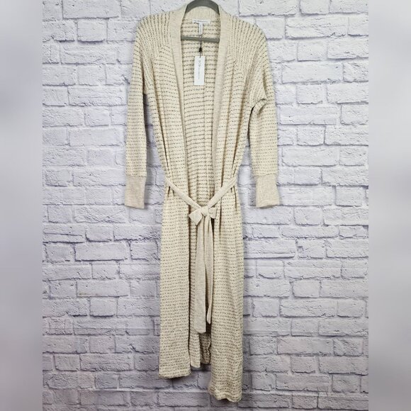 BCBGeneration Women's Size Medium Beige Striped Long Open Front Cardigan Sweater - Picture 1 of 10